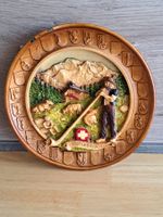 Swiss Alphorn Hirt Vintage Wandteller Holz Relief Bild