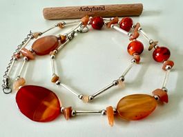 Handgefertigte Longkette Achate & Karneol & Glas - 73 cm
