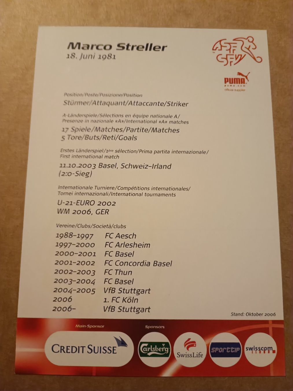 Autogramme: Marco Streller - handsignierte SFV Autogrammkarte – Gebraucht aus Menziken von Artographs 1