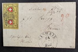NACHNAHME SCHWEIZ 1852 RAYON II GELB IN PAAR MIT ATTEST