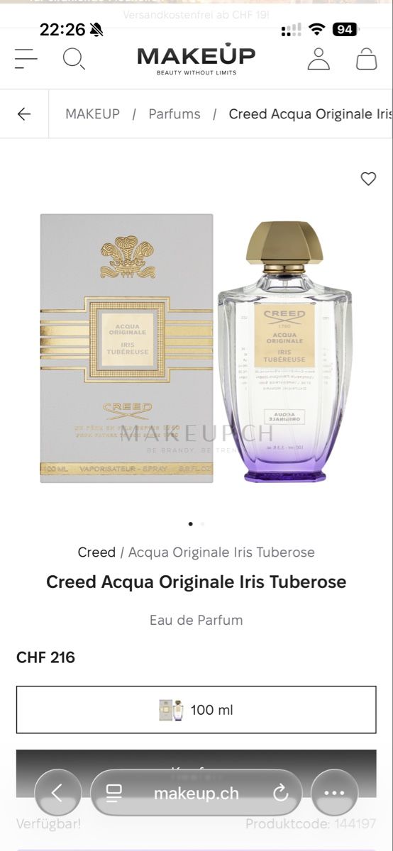 Creed Profumi & Eau de Toilette: Creed Acqua Originale Iris Tuberose 100ml – Nuovo e nell'imballaggio originale da Pfäffikon SZ venduto da EMMA0111 1