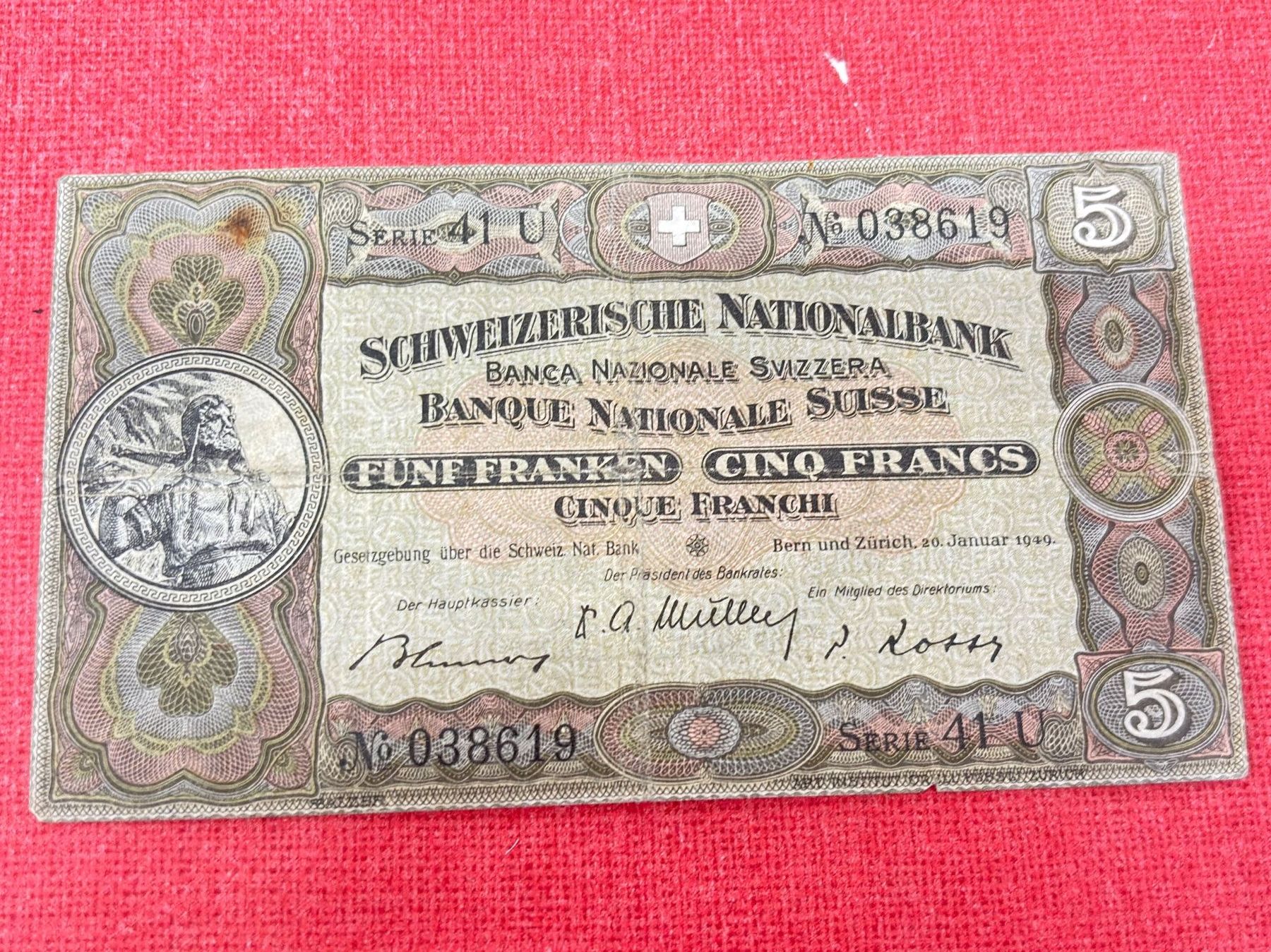 Banknoten: 5 Fanken  Banknote 1949 gebraucht – Gebraucht aus Ormalingen von digital09
