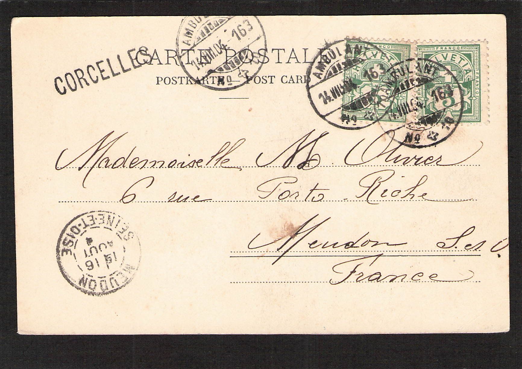 Ansichtskarten: Stabstempel Corcelles auf AK Chiens du St.Bernhard , 1904 – Gebraucht aus Reichenburg von Pipo-67 1