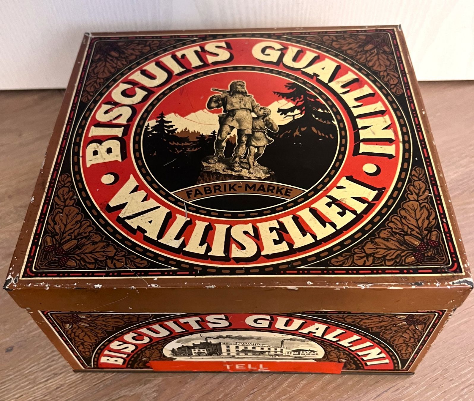 Barattoli: Antike Blechdose "BISCUITS GUALLINI , WALLISELLEN TELL" top! – Usato da Rothrist venduto da Brandystar 1