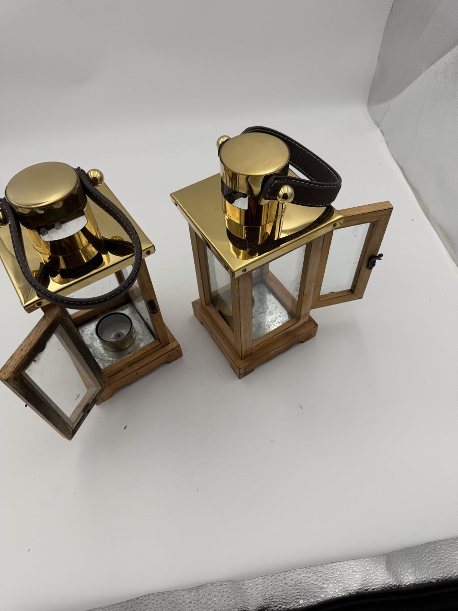 Lanterne: 2 Windlichter Holz Messing mit Ledergriff gebraucht – Usato da Rotkreuz venduto da GoldHeinz 4