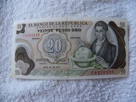 20 Pesos Oro Kolumbien Banknote 20. Juli 1975