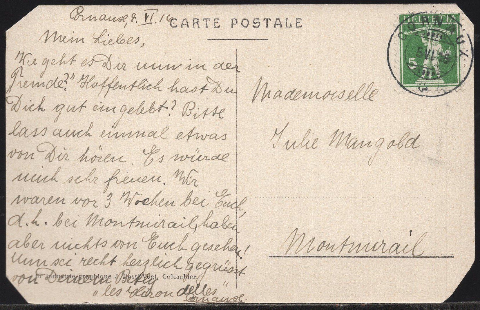 Cartoline postali: Cornaux  1916 – Usato da Aarau venduto da kufi44 1