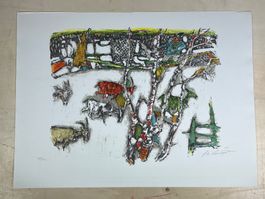 Alois Carigiet Lithografie "Gefährt bei den Birken" signiert