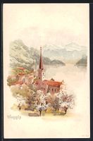 Litho Weggis, Ortsansicht mit Berge