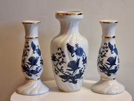 Vase + 2 Kerzenhalter – Kobalt Zwiebelmuster Gold