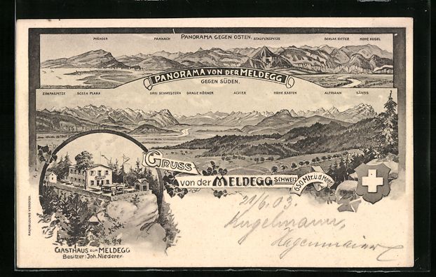 Cartoline postali: Litho Meldegg, Gasthaus und Gebirgspanor – Usato da Berlin venduto da bartko-reher