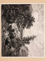 Antike Radierung «Der Wasserfall» um 1890