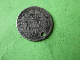 Frankreich 1860, 20 Centimes - Silber   mit Löchli