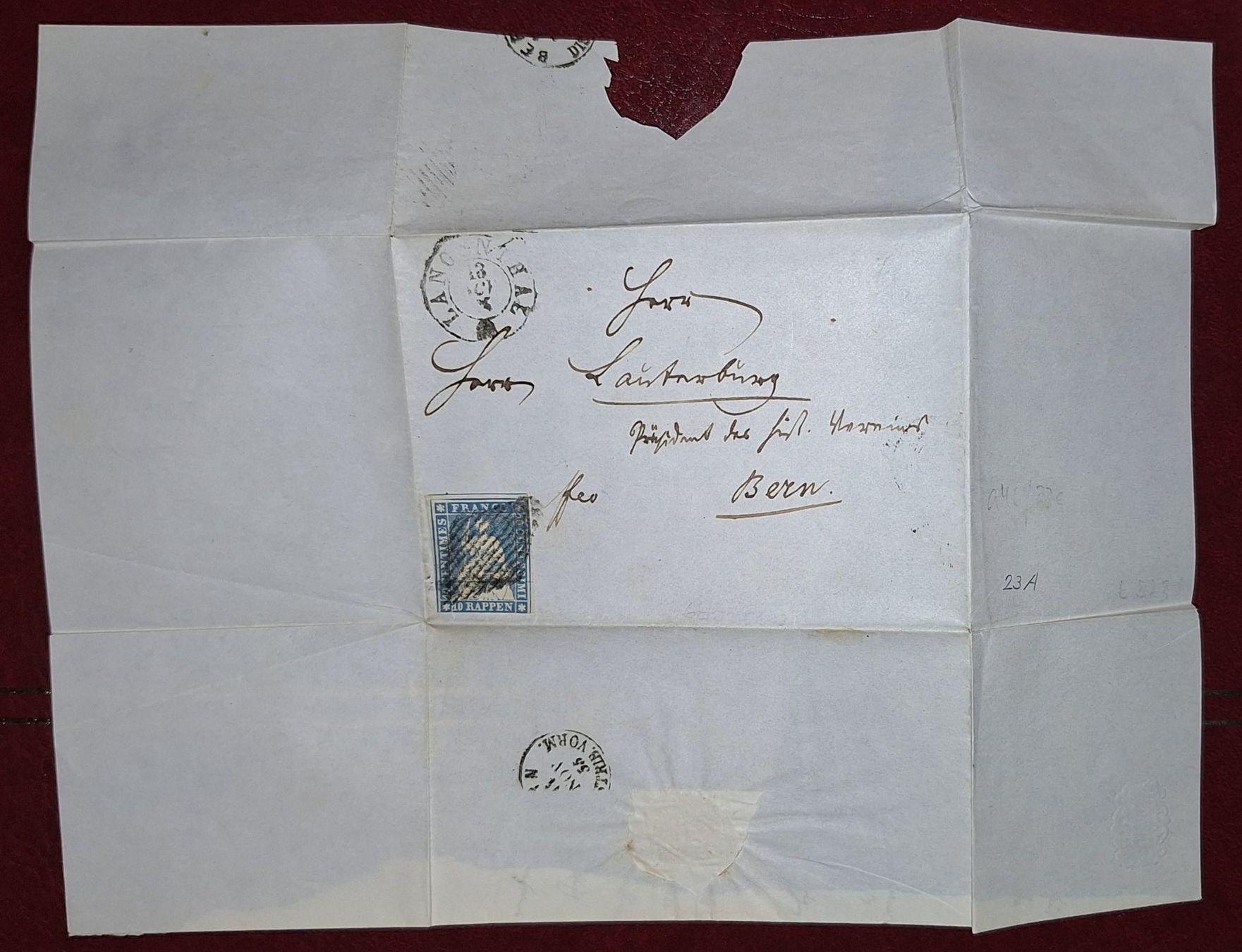 Tutti i francobolli: Strubelbrief 23A1.b Kat.2500.- mit Attest Langenthal - Bern – Usato da Balgach venduto da SIMEON27 2