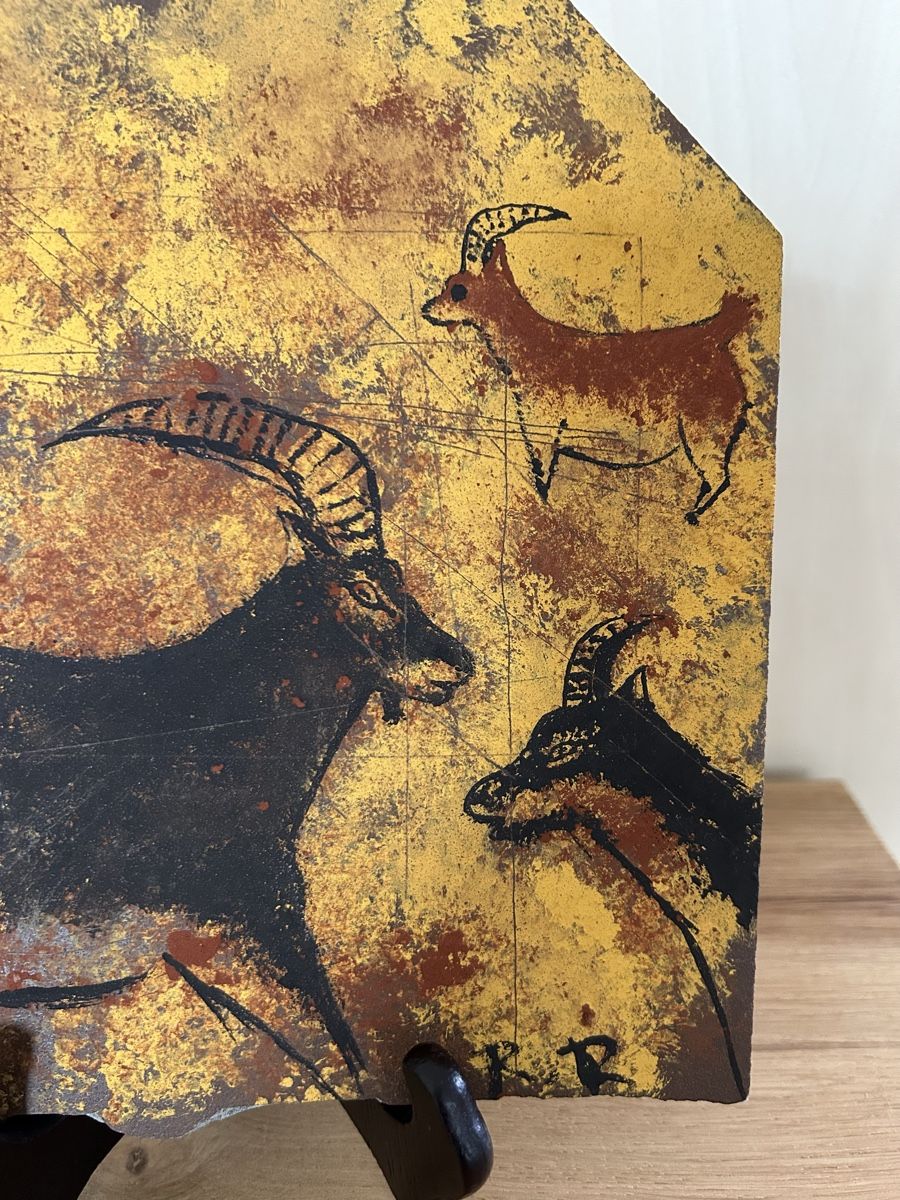 Dipinti: Handbemalte Schieferplatte Steinbock, signiert – Usato da Wettingen venduto da Mmccl 7
