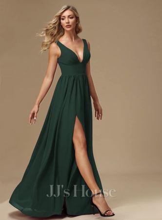 Dunkelgrünes Abendkleid mit Schlitz