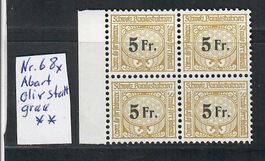 1940: Eisenbahnmarken 4er Block Nr. 68x 5Fr. Abart Oliv **