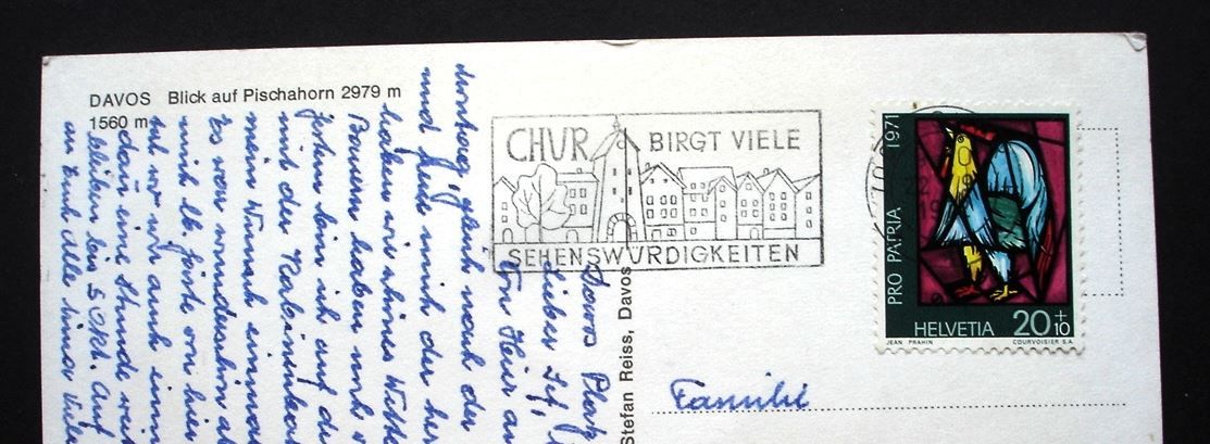 Cartoline postali: DAVOS Blick auf Pischahorn - Bauer mit Kuh – Usato da Jona venduto da philajona 1