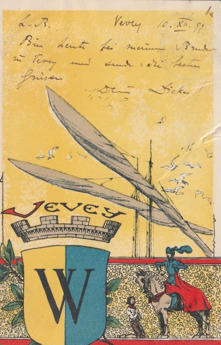 Cartoline postali: P 46 Vevey mit Wappen etc., 1899 – Usato da Freienbach venduto da Bhaltis