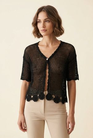 Vintage NIENTE Gilet Crochet Noir Bouton Nacré T. S