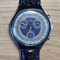 Swatch Swiss Chronograph, schwarze Uhr Lederarmband