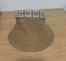 Visor hat straw beige pearl embellishment adjustable band