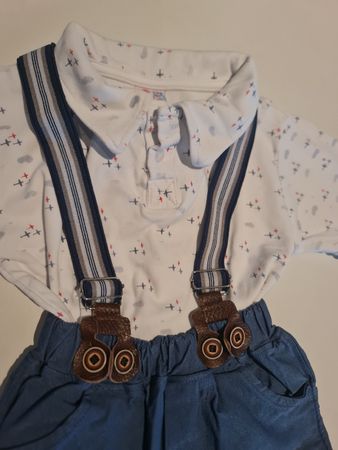 Baby Set Hemd mit blauer Hose und Hosenträgern Grösse 80 
