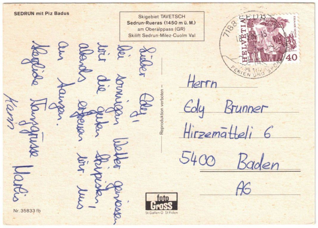 Cartoline postali: Sedrun - Pistenplan Milez – Usato da Binningen venduto da Mountainrider 1