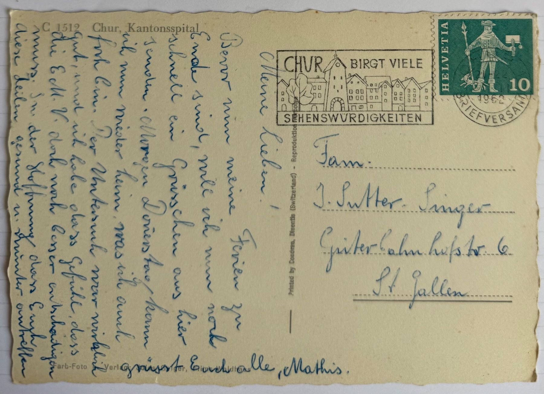 Cartoline postali: Chur - Kantonsspital 1962 – Usato da Lutry venduto da Ediego 1