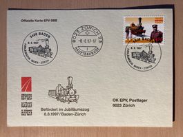 Schweiz 1997 Sonderkarte 150 J Bahn Jubiläum Baden Zürich