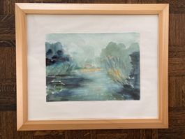 GEMÄLDE  AQUARELL  LANDSCHAFT  SEE   NICHT SIGNIERT GERAHMT