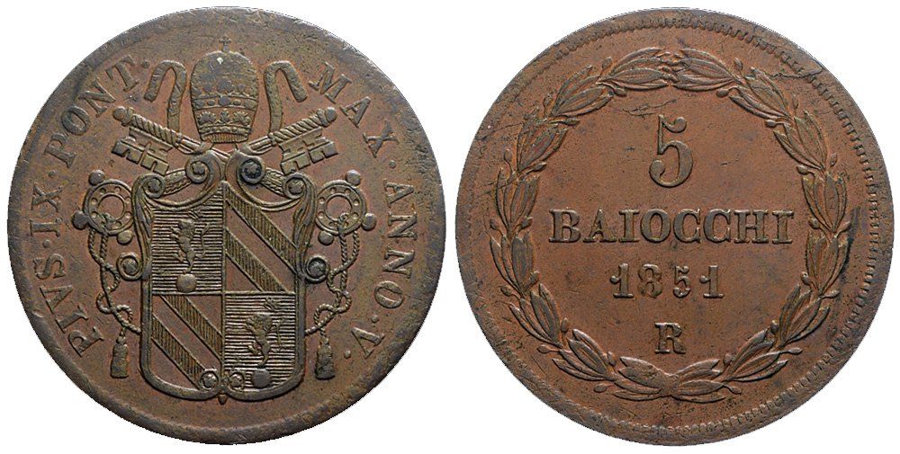 Tutti le monete: Italien, Rom, 5 Baiocchi 1851 A.V – Usato da Chiasso venduto da Novamarketing
