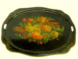 Grand plateau tôle peinte bouquet fleurs 58cm Blech Tablett