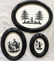 3x Vintage Scherenschnitte im Ovalrahmen hinter Glas