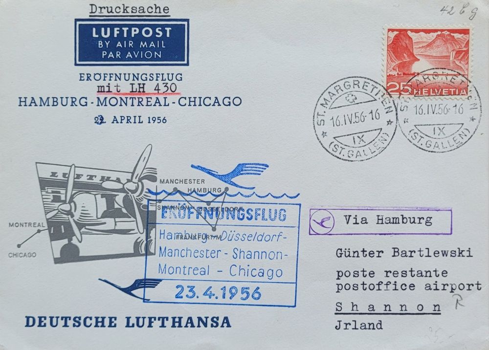 Luftpost Brief Drucksache MIT LH 430 St. Margrethen 1956 (Gebraucht) in ...