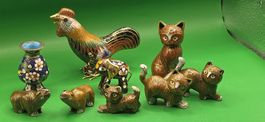 9 Stück Cloisonne Figuren Tiere, Huhn, Katze,Elefant und + +