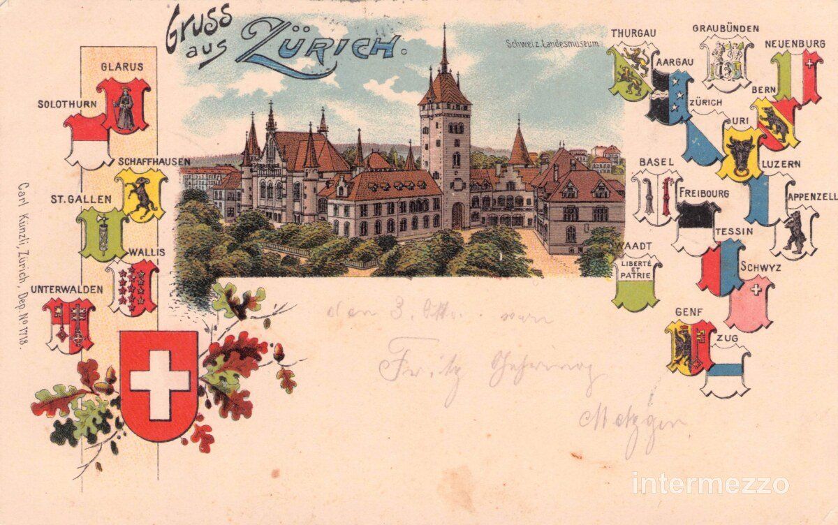 Ansichtskarten: Zürich // 1899 Litho Kantone Kantonswappen – Gebraucht aus Basel von intermezzo12