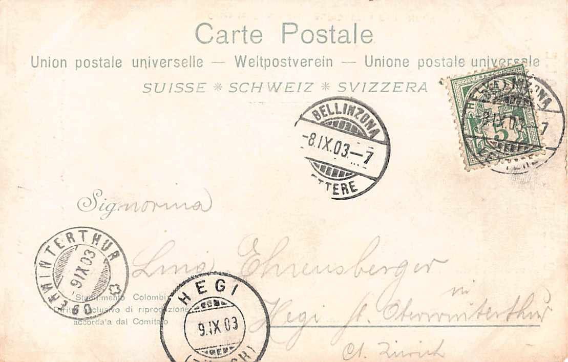 Cartoline postali: GRUSS aus BELLINZONA - alte Ansichtskarte 1903 – Usato da Winterthur venduto da SchatzchischtliWinti 1
