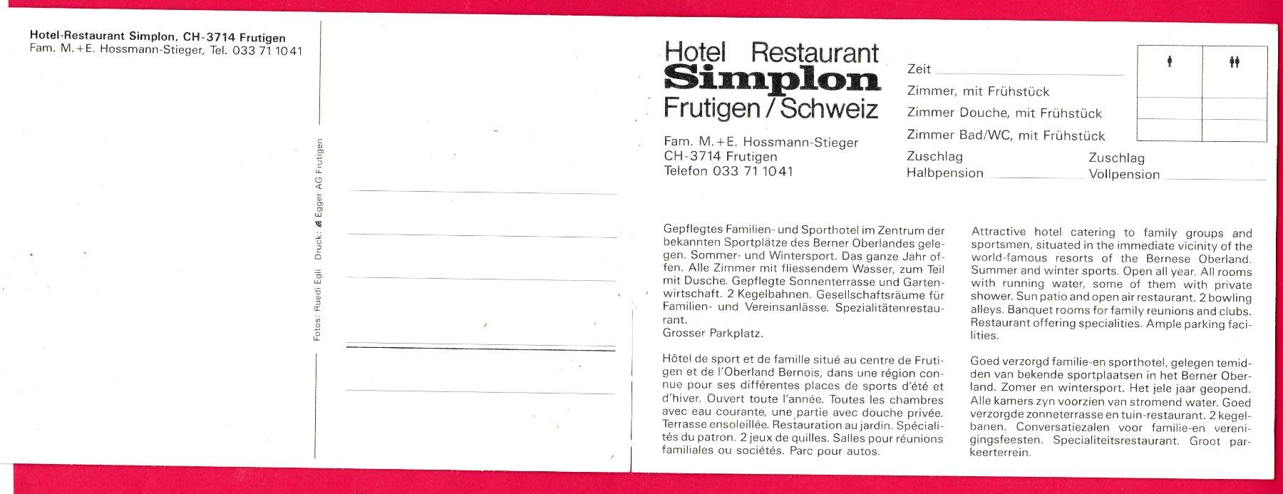 Cartoline postali: WERBE-DOPPELKARTE, HOTEL RESTAURANT SIMPLON, FRUTIGEN – Usato da Oberrieden venduto da Gebirgsstelze 1