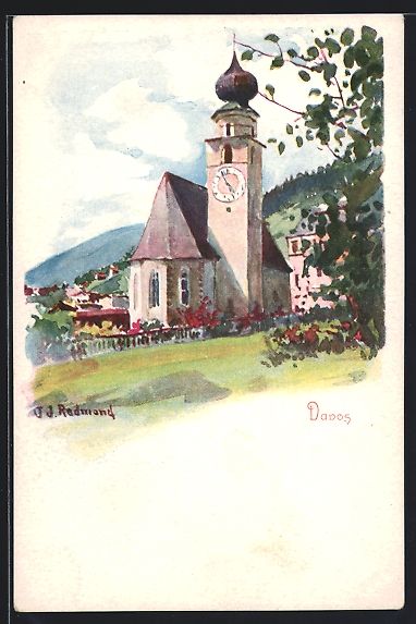 Cartoline postali: Künstler-AK Davos, Kirche mit Ortsblick – Usato da Berlin venduto da bartko-reher