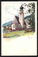 Künstler-AK Davos, Kirche mit Ortsblick