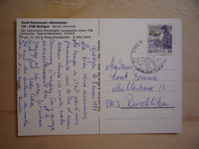 Cartoline postali: Hotel-Restaurant "Simmental", Boltigen, 9.5.88 – Usato da Rieden SG venduto da Brockehuesli 1