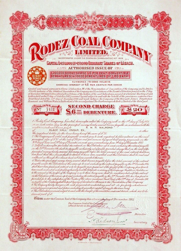 Documenti: Rodez Coal Company Ltd. - 1912 – Usato da Solothurn venduto da Sgasche
