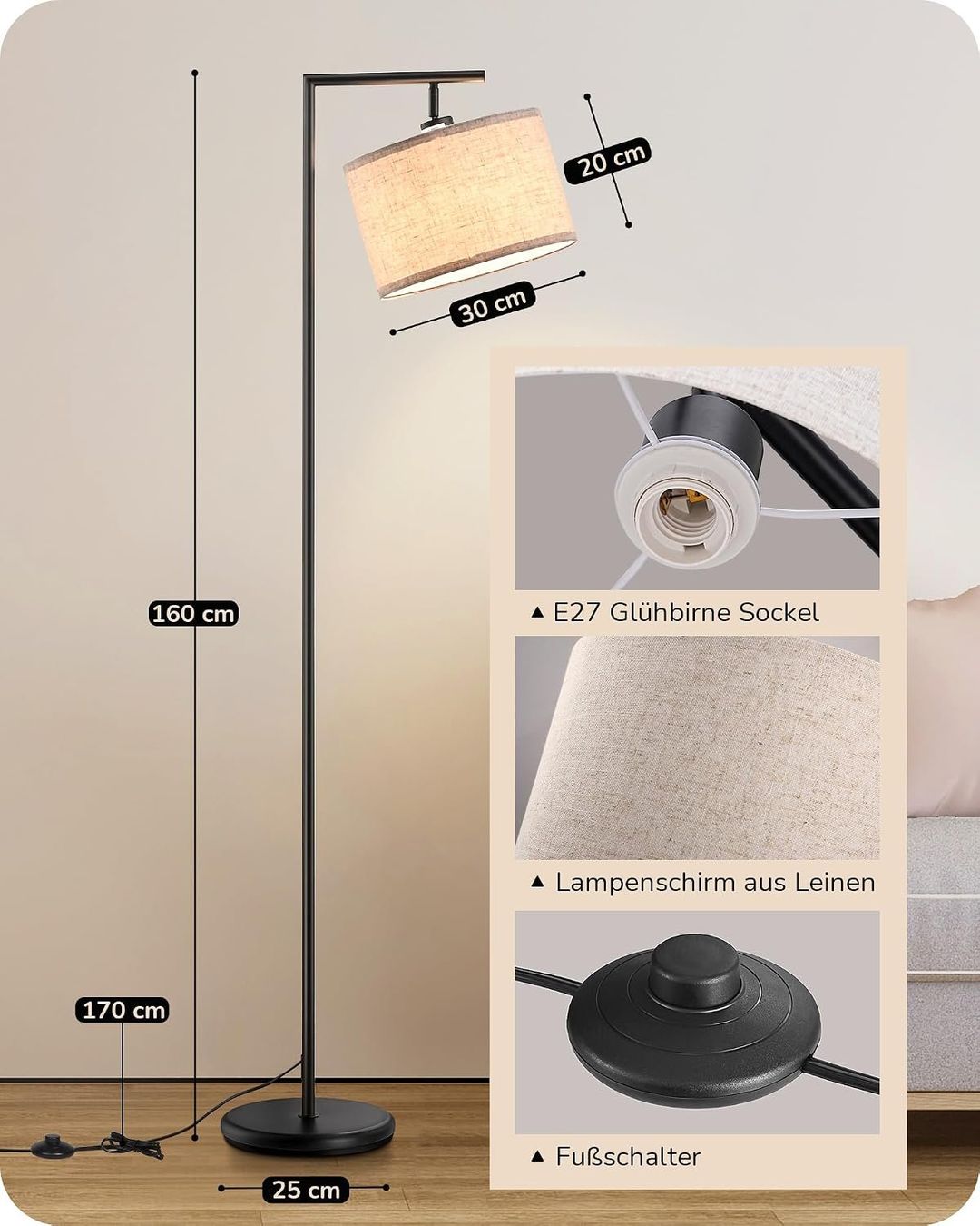 Lampade: Stehlampe 160 cm Bogenlampe Schwarz Beige E27 LED – Nuovo e nell'imballaggio originale da Schaffhausen venduto da schwizerchaes 3