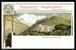 Lithographie Interlaken, Rugenhotel Jungfraublick