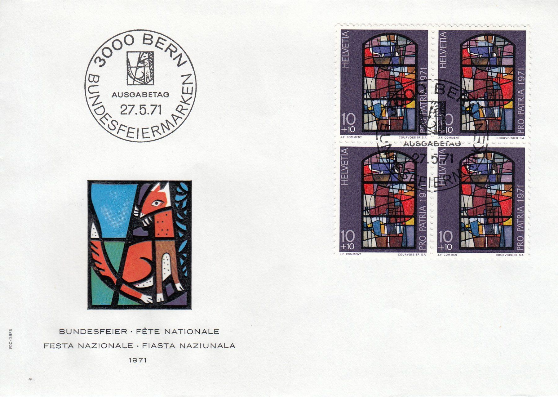 Tutti i francobolli: 1971 Pro Patria 4 FDC 4-er Block Glasgemälde – Usato da Spreitenbach venduto da Mustang_1105