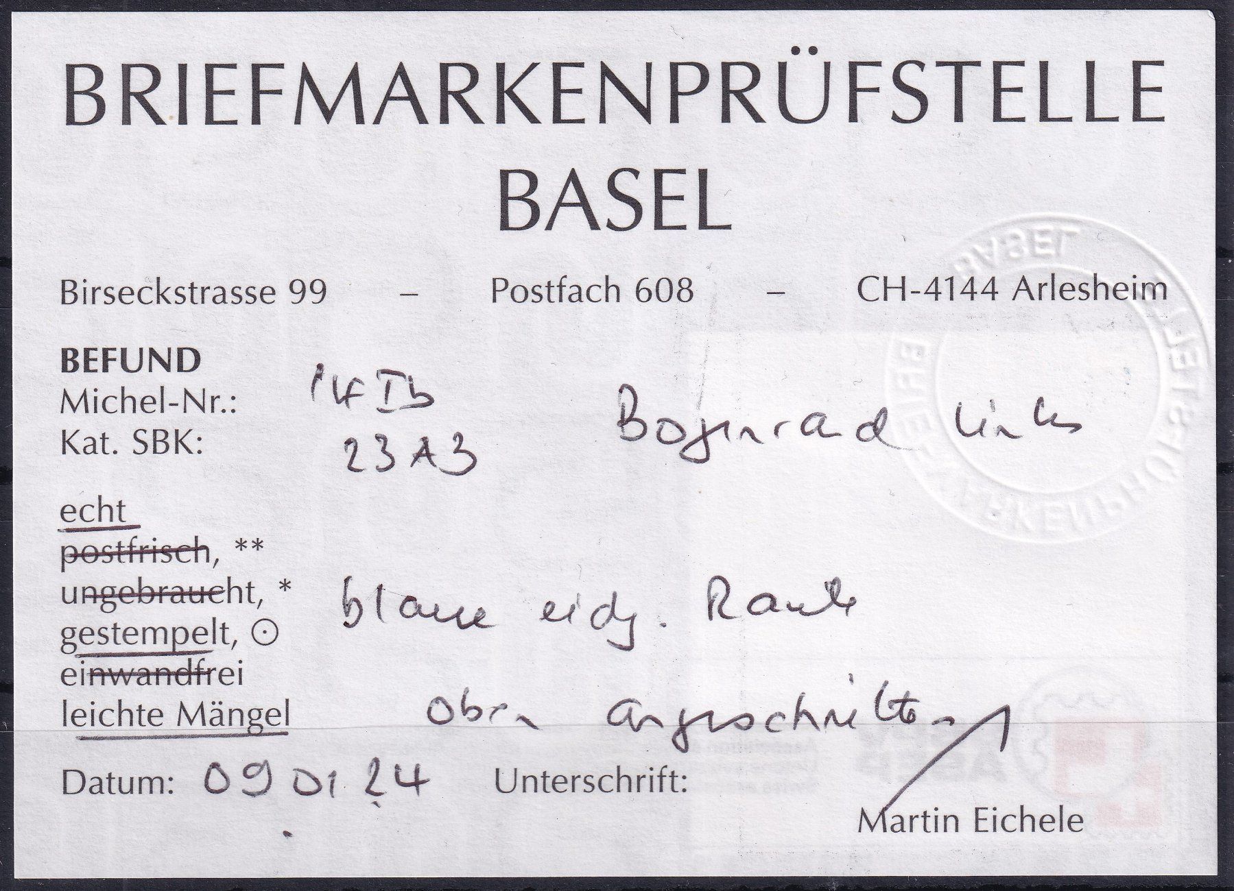 Alle Briefmarken: Strubel 23A3 blaue Raute, Bogenrand, Befund! – Gebraucht aus Samnaun-Compatsch von Marken-Murk 2