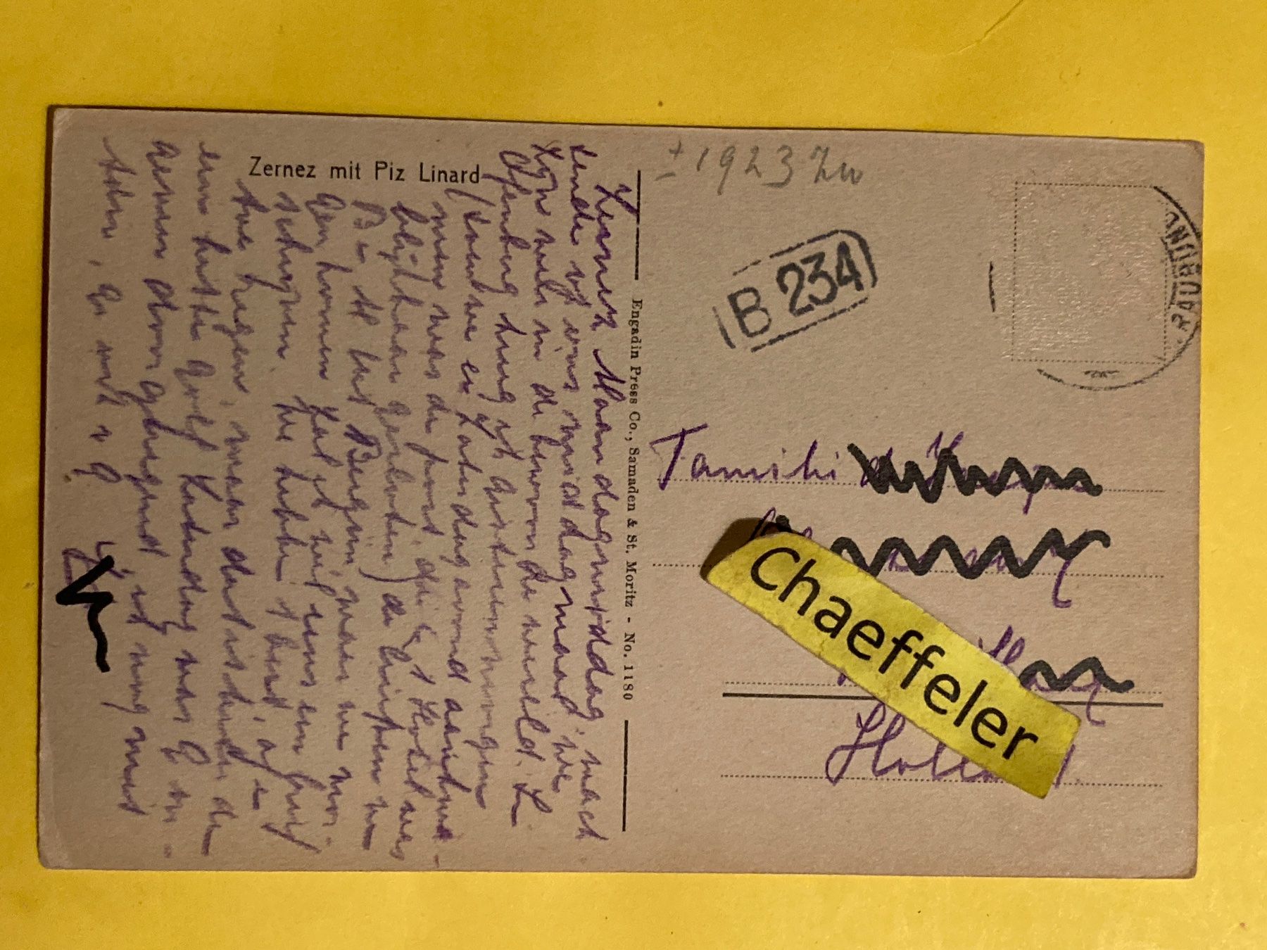 Ansichtskarten: 1923 Zernez mit Piz Linard – Gebraucht aus Zürich von Chaeffeler 1
