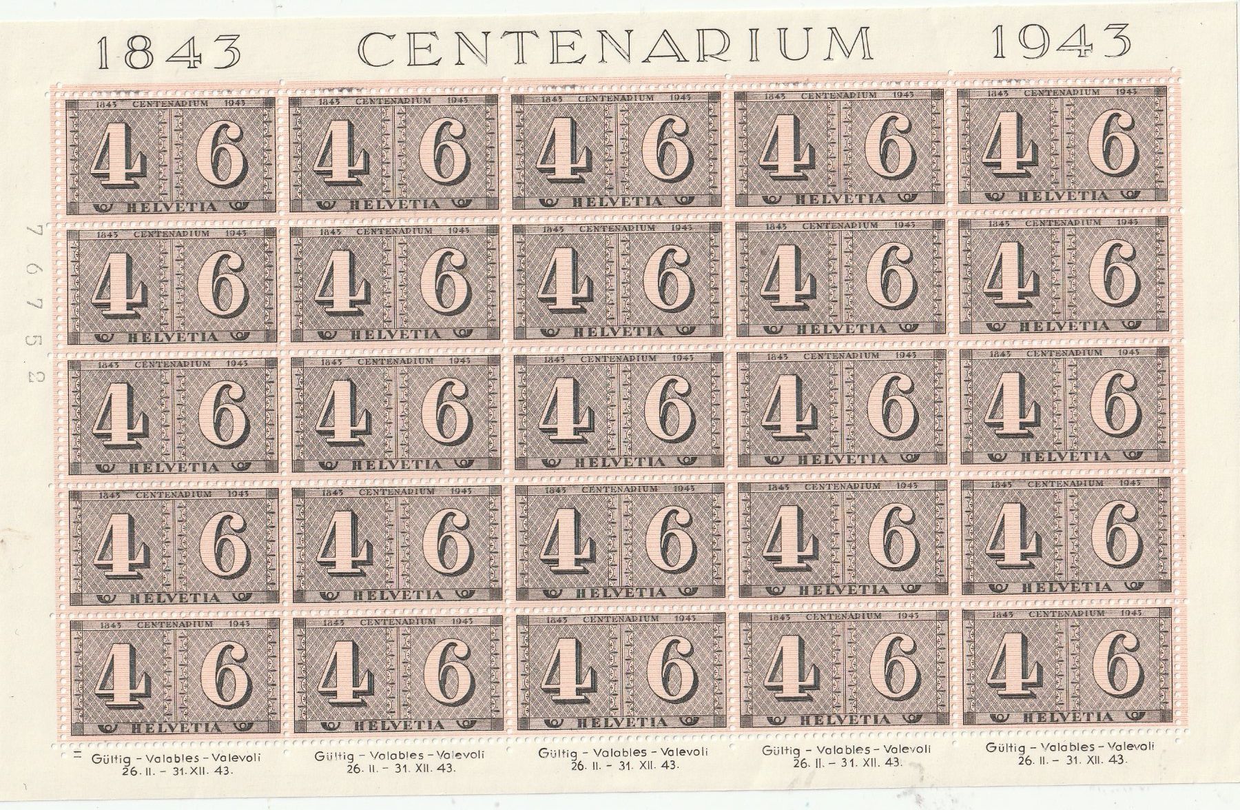 Tutti i francobolli: Briefmarkenbogen Centenarium 1843-1943 Neuwertig – Usato da Rupperswil venduto da Ema10