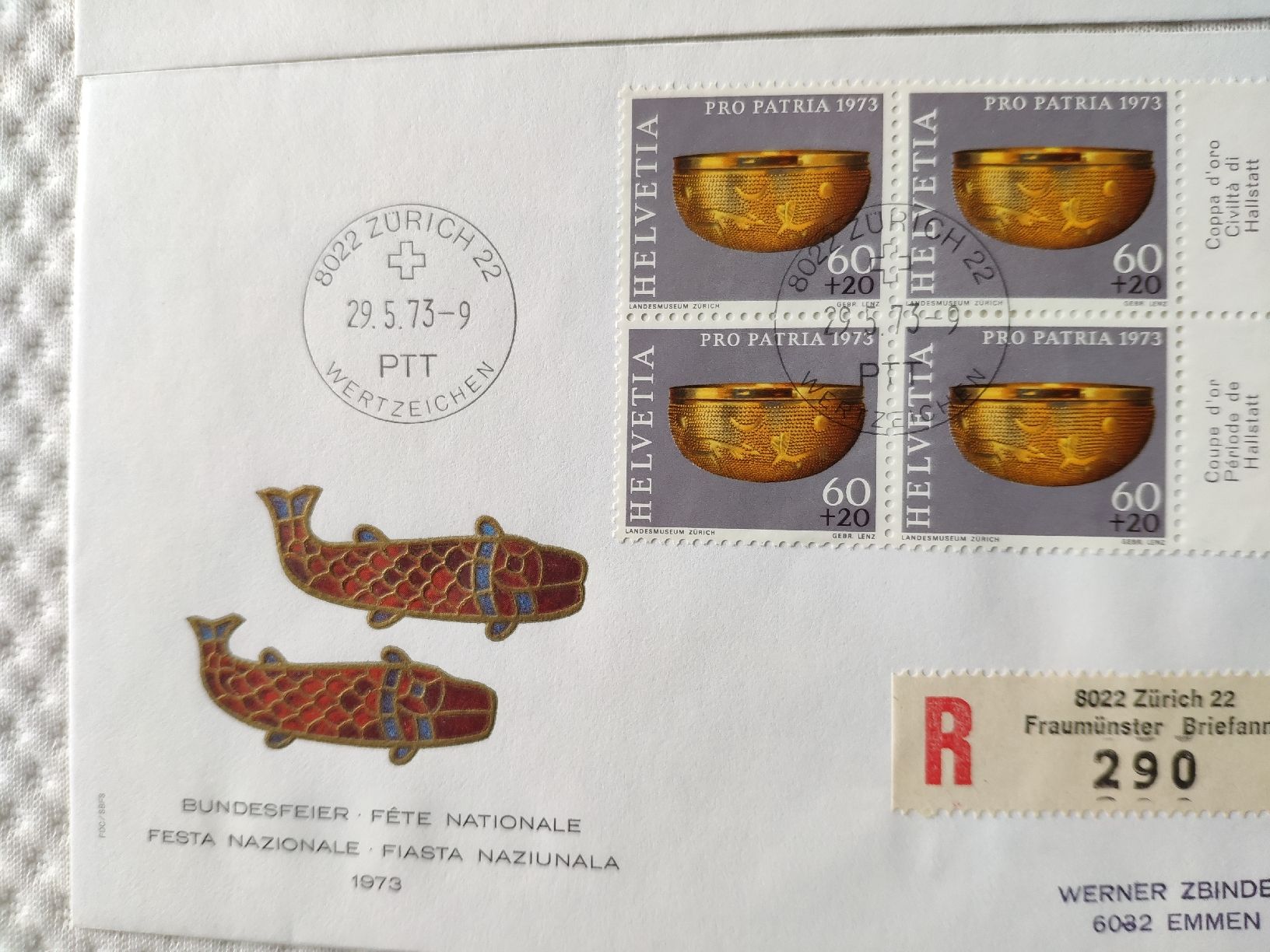 Tutti i francobolli: Pro Patria 1973 FDC avec blocs de quatre – Usato da Lausanne venduto da Jdelta 3